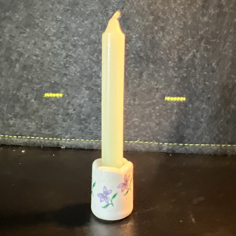 Russ Berrie Mini Candle Holder Porcelain Purple‎ Flowers With Candle Vtg